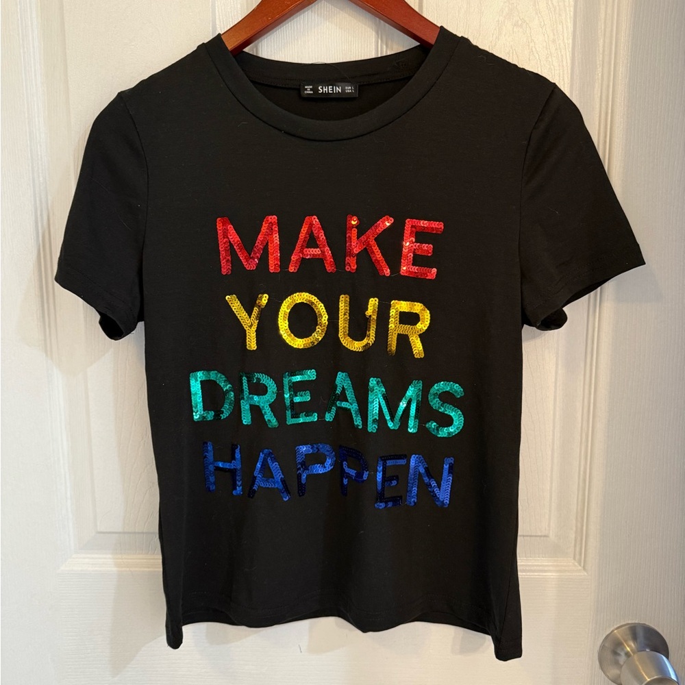 SHEIN Black Tee with Multicolor Sequin Message